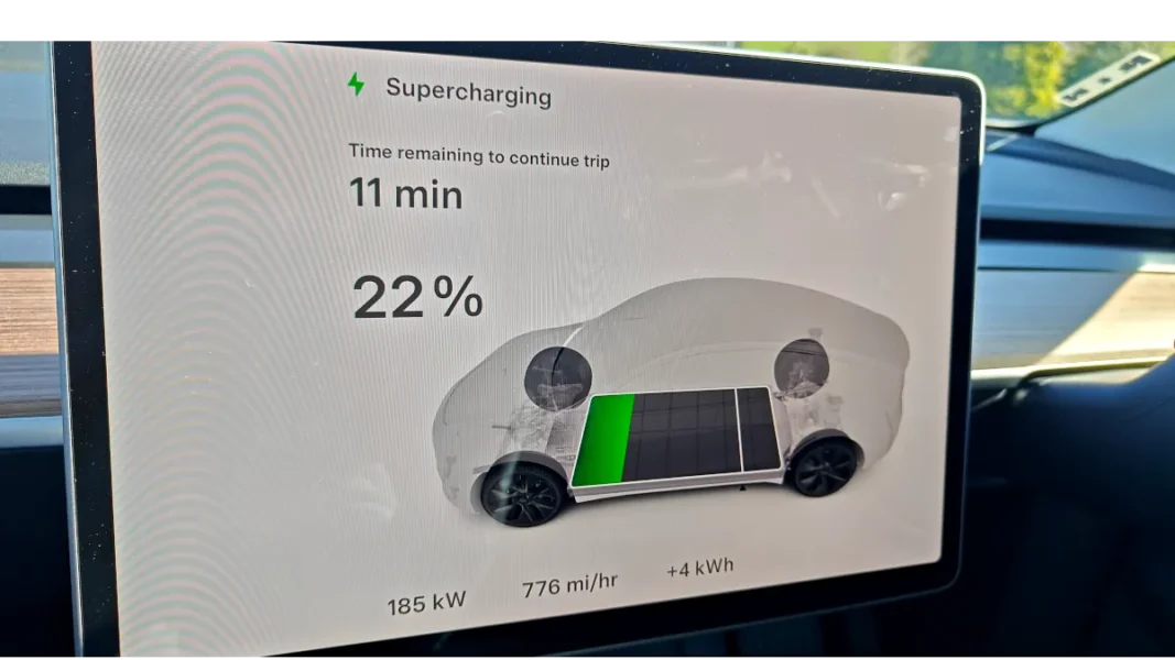 Picture of a Tesla screen showing the charging rate